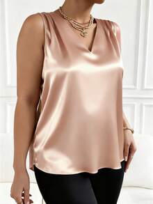 Plus Size Solid Color V-Neck Sleeveless Shirt, Elegant For Office/Commute, Summer - Champagne - View 5