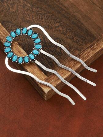 1 pieza de pasador de pelo minimalista y retro de plata y turquesa para mujer, tocado, peines, peineta, peine lateral