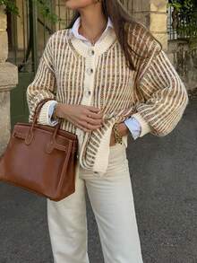 女士时尚条纹前开襟纽扣口袋针织开衫毛衣，适合假日、度假和日常穿着 - 彩色 - 查看 2