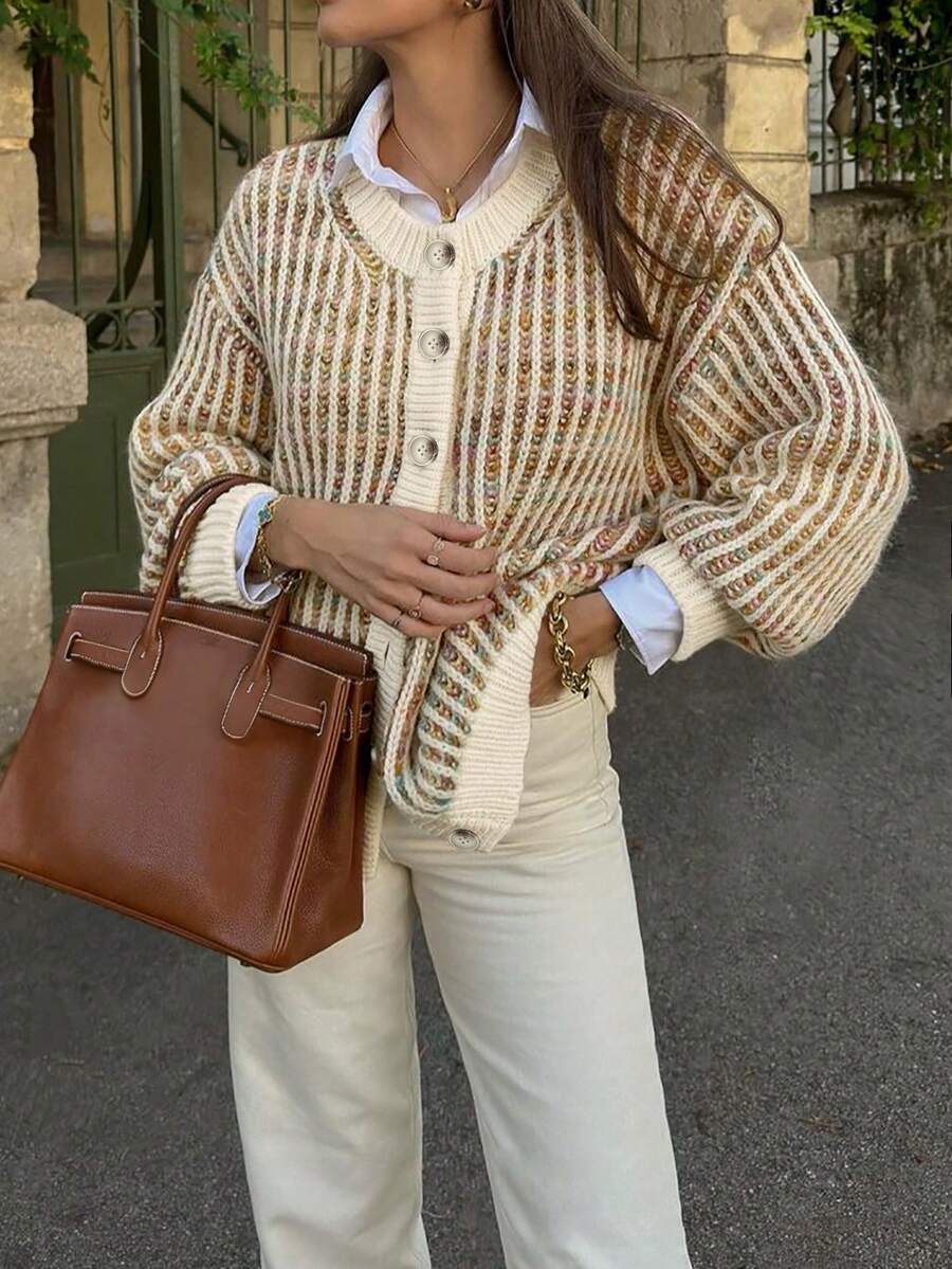 Women's Fashion Striped Front Button Pocket Cardigan Knit Sweater, Suitable For Holidays, Vacation And Daily Wear - Multicolor - View 1