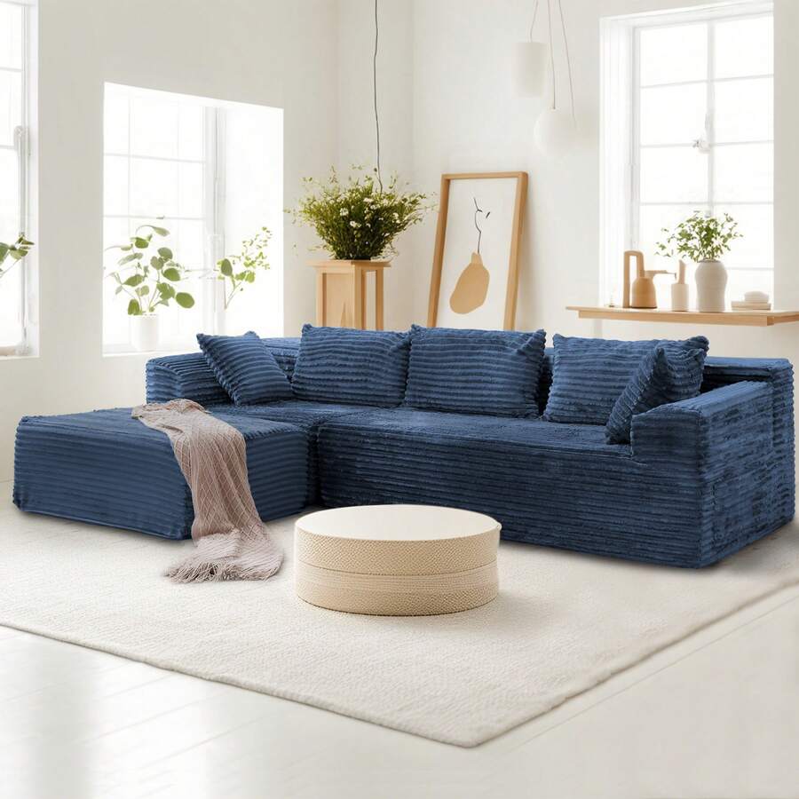 KORSER 108" Sectional Sofa, Modular Sectional Couch With L-Shape Chaise For Living Room, Comfy Corduroy Upholstered Fluffy Couch With Deep Seat And Side Pockets, Cloud Couch Sectional, No Assembly Required - 藍色 - 查看 1