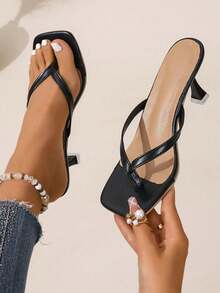 Women's Classic Black Square Toe Stiletto Heel Sandals, Versatile For Daily Wear, Party Outfit - Black - View 1