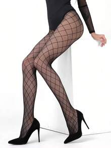 1 Pair Of New Plus Size Women's Sexy Fishing Net Socks, Nightclub Style Fishing Net Eye Hollowed Out Pantyhose