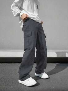1pc Tween Boys Comfortable Casual Loose Straight Leg Multi-Pocket Pants, Spring/Summer/Autumn - Grey - View 3