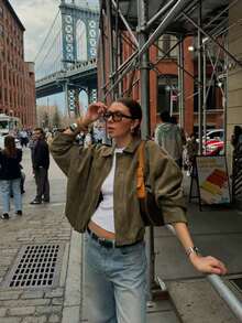 Women's Regular Faux Suede Long Sleeve Single Breasted Loose Casual Jacket, For Spring, Women's Pocket Metal Button Short Military Green Jacket Suitable For Spring And Autumn