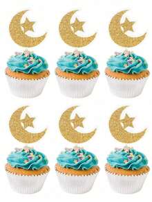 6/12/18/24pcs Star & Moon Cake Toppers, Glitter Paper Cupcake Picks, Party Supplies Tabletop Decorations - Gold - View 7