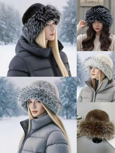 New Oversized Brim Mongolian Hat, Fashionable Personalized Elegant Versatile Bucket Hat, High-End Fluffy Hat, Cold-Proof Ear Protection Hat
