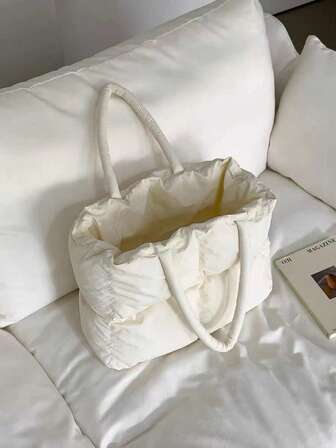 Bolso de mano acolchado de unicolor minimalista y de moda al estilo coreano, adecuado para salir, viajar, ir al trabajo, la escuela, con gran capacidad