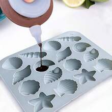 1Pack Seashell Silicone Mold Fondant Candy, Marine Theme Cake Silicone Mold, Seashell Conch Starfish Baking Molds Beach Theme Cake Decoration Chocolate Candy Polymer Clay Making, Blue - 灰色的 - 查看 4