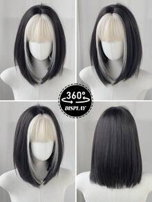 PIAOYUN Peluca de dos tonos plateado y negro para mujeres, de longitud hasta los hombros, recta con flequillo, de fibra sintética resistente al calor, hermosa y esponjosa, para uso diario, fiestas, cosplay, regalos de cumpleaños para principiantes, 16 pulgadas - Flequillo teñido