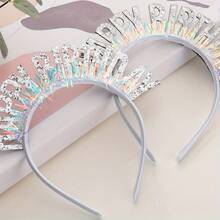 1个亮粉色亮片“生日快乐”头箍 - 牛仔布纹理面料，无羽毛，无需电池 - 适用于生日派对、万圣节、圣诞节活动和生日横幅派对用品 - 彩色 - 查看 4