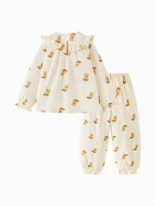 mini bala Girls Pajama Set, Soft Pants & Top Sleepwear, 2025 Autumn - White Coffee Color - View 5