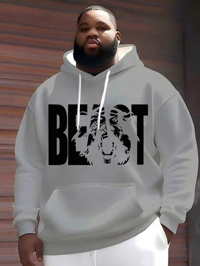 加大码男士秋季字母“BEST”印花抽绳连帽卫衣