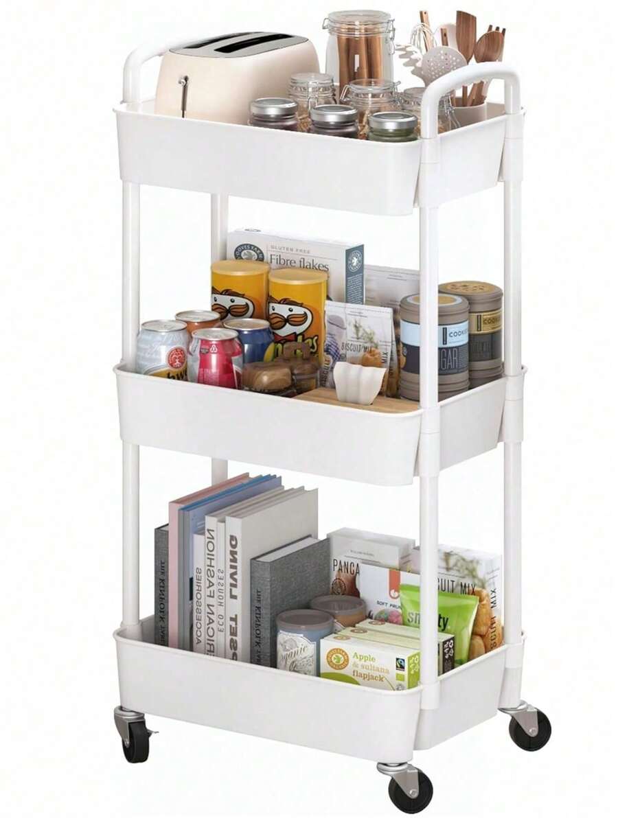 3-Tier Rolling Storage Cart With Drawer, Hooks & Baskets, Multi-Functional Utility Organizer Trolley For Office, Bedroom, Bathroom, Craft Room – Mobile Shelf With Wheels For Easy Storage - Trắng (phiên bản không có ngăn kéo) - Xem 1