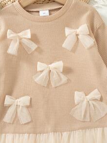 女童休闲纯色蝴蝶结装饰圆领落肩长袖上衣，春秋季 - 卡其色 - 查看 4