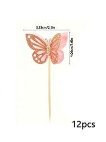 12pcs Light Red Butterfly Cupcake Toppers, Double-Layered Design, 3D Glitter, Butterfly Cocktail Picks, Suitable For Birthday, Wedding And Other Occasions - Multicolor - View 6