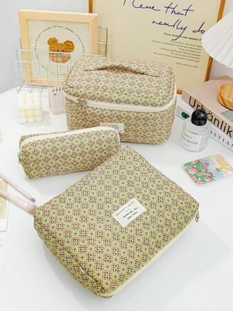 1 pieza Bolsa de maquillaje con estampado de flores retro, bolsa de almacenamiento multifuncional de artículos para el hogar de color verde, bolsa organizadora de cosméticos con diseño acolchado y estampado de hojas marrones, bolsa de viaje con gran capacidad y asa, bolsa de cosméticos con estampado floral vintage para mujeres, bolsa de tela suave para almacenar toallas sanitarias