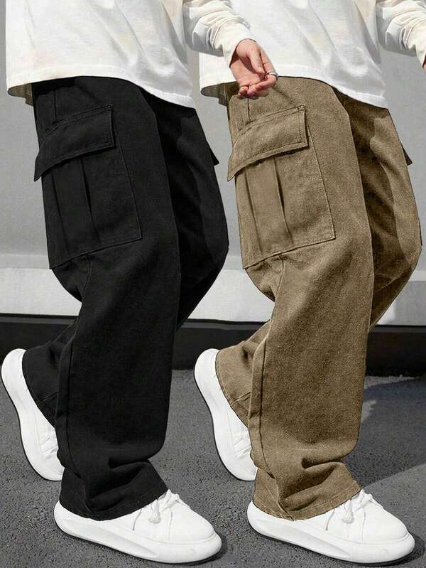 2pcs Boys & Teens Casual Sports Outdoor Cargo Pants With Big Pockets, Spring/Autumn