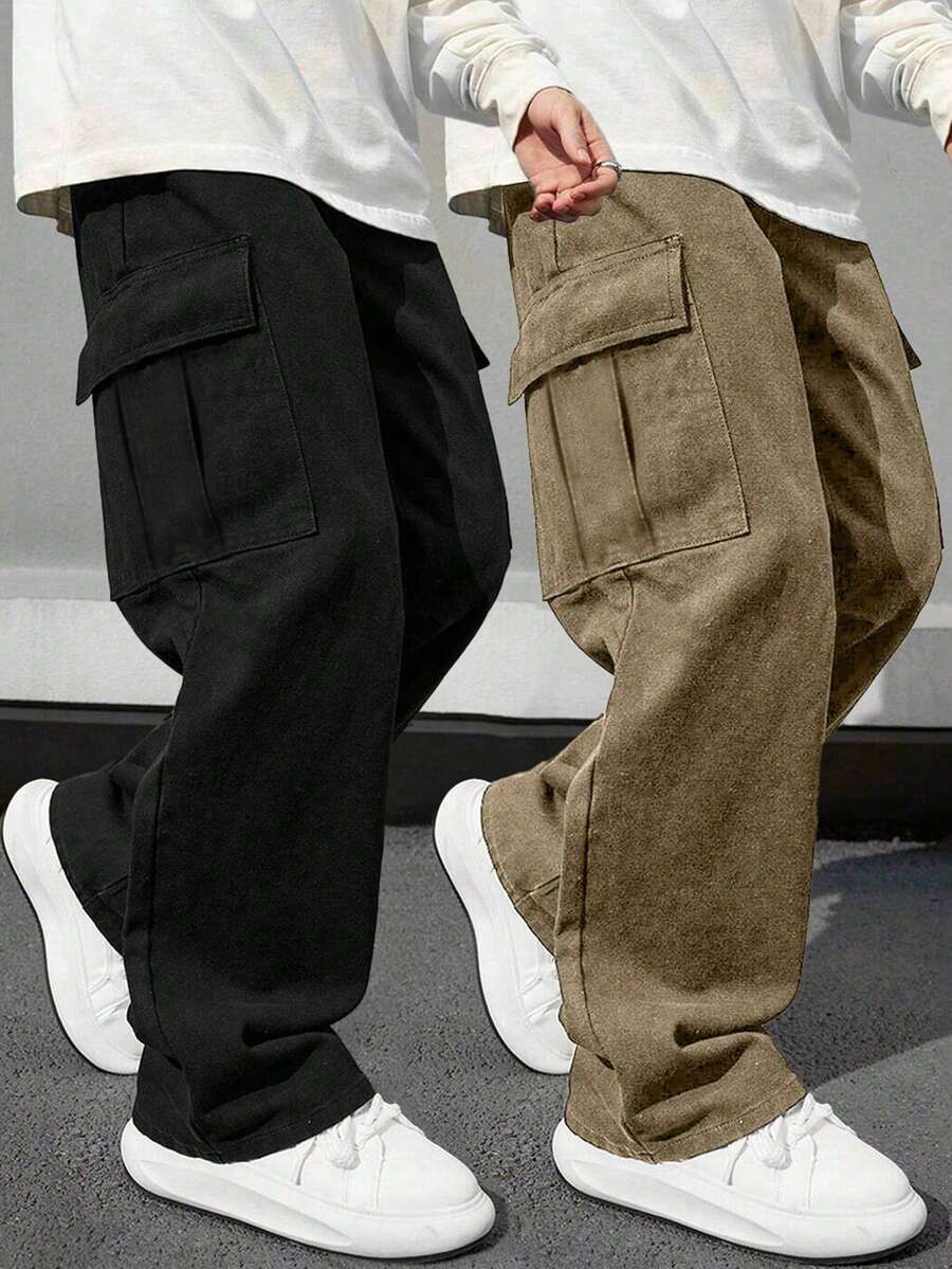 2pcs Boys & Teens Casual Sports Outdoor Cargo Pants With Big Pockets, Spring/Autumn