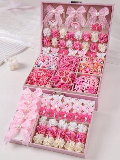 442件/套 女孩粉色蝴蝶发圈，可爱公主发绳，高弹耐用不伤发，花朵发夹，多功能发卡，日常使用