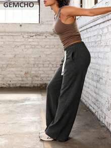 GEMCHO Women's Polyester Sweatpants With Pockets, Knit Fabric With Slight Stretch, Casual Running Pants, Activewear, Suitable For All Seasons - Dark Grey - View 4