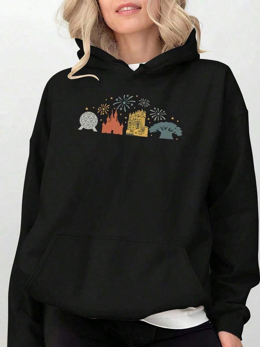 Disneyland Landmarks And Fireworks Celebration Womens Hoodies Black Grey Red - 黑色 - 查看 1