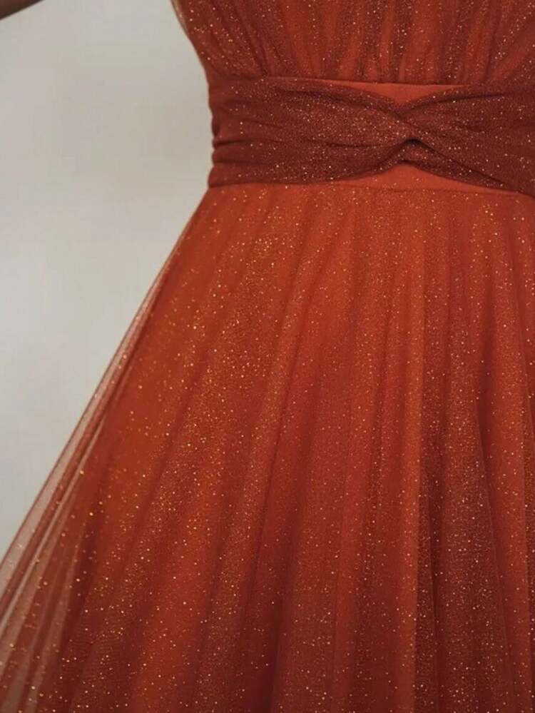 Vestido Madrinha Casamento Longo Manga Brilho Festa - Terracota - Visão 6
