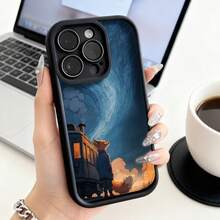 Cubierta de teléfono con borde negro diseño de tren y zorro en noche estrellada para uso diario y trabajo - Negro - Ver 1