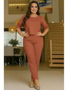 Women's Crepe Set Larisa - Traditional Pants And Blouse - Cool Knit Fabric - Excellent Fit - 赤土陶 - 查看 1
