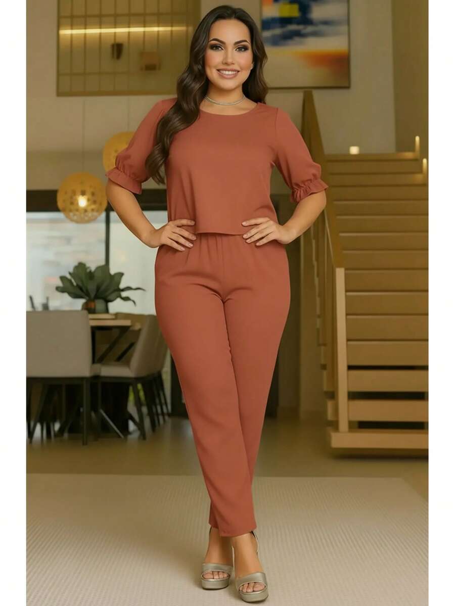 Women's Crepe Set Larisa - Traditional Pants And Blouse - Cool Knit Fabric - Excellent Fit - 赤土陶 - 查看 1