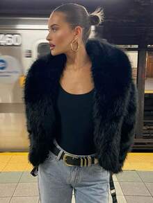 TRAFZA Women's Faux Fur Short Coat Women Fluffy Lapel Long Sleeve Warm Thick Loose Jacket Fashion Winter Lady High Street Outwear - Black - View 9