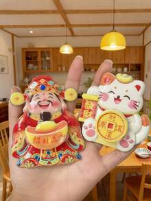 4个摇头财神冰箱贴，旋转装饰品，招财纳福，2025新年节日装饰贴纸，旋转招财猫，乔迁小礼物，家居装饰，祈福礼品，招财纳福礼物，创意礼品，家居小挂件，新年小装饰品 - 彩色 - 查看 2