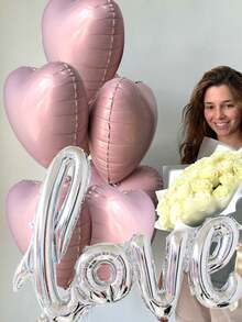 10pcs Large Silver Love Foil Balloons, 18" Light Pink Heart Balloons, DIY Black Ribbon Bows (With Balloon Glue Dots), Suitable For Birthday Party, Engagement, Anniversary, Valentine's Day Decoration - Multicolor - View 4