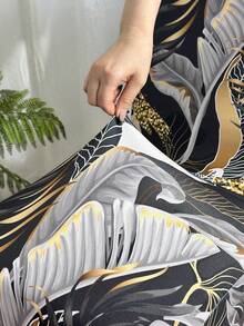 1pc Tropical Rainforest Leaf Print Milk Silk Sofa Cushion Cover, High Elasticity Dust-Proof Washable All Season Outdoor Rattan Sofa Slipcover - Multicolor - View 8