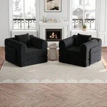 Sofá Cama Chenille 2 en 1 con Almacenamiento en el Reposabrazos, Tres Estructuras Metálicas y Múltiples Opciones de Configuración. Conjunto de Dos Piezas - Negro + Chenilla + 2 Asientos - Ver 8