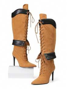 Women's Knee High Boots Pointed Toe Lace Up Stiletto Heel Yellow Boots Motorcycle Dressy Party Luxury Fashion Spring Summer Boots For Women - Màu vàng - Xem 8