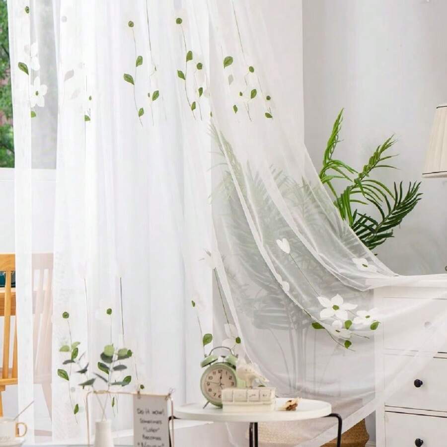 1pc White Magnolia Embroidered Sheer Curtain, Voile Curtain For Bedroom, Balcony, Room Divider, Modern Translucent Home Sunscreen Curtain
