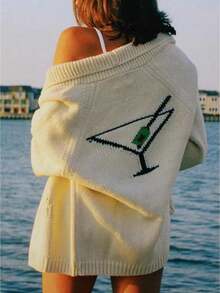 Women's Shawl Collar Cardigan Long Sleeve V Neck Graphic Print Button Down Sweater Knit Tops - 彩色 - 查看 1