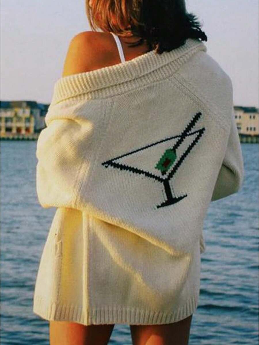 Women's Shawl Collar Cardigan Long Sleeve V Neck Graphic Print Button Down Sweater Knit Tops - 彩色 - 查看 1