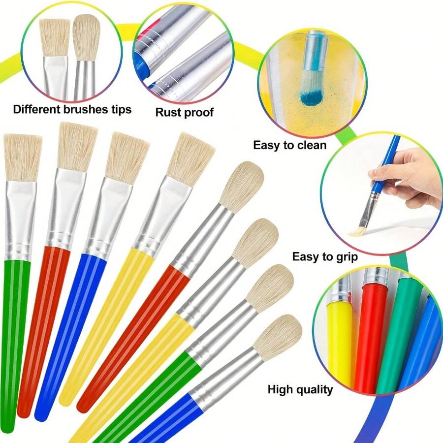 8pcs Set Large Washable Paint Brush, Easy To Clean, Handle Round And Flat Paint Brush, Acrylic Paint No Shedding Bristles, Washable Paint