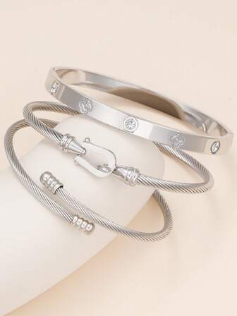 3pcs/Set Vintage High Quality Stainless Steel Zirconia Bracelet, Suitable For Party, Gathering, And Daily Wear