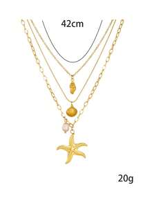 1pc Women's Stainless Steel 3-Layer Starfish Shell Pearl Pendant, 3-In-1 Choker Chain Necklace, Jewelry Gift - Yellow Gold - View 6