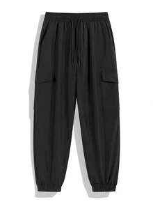 Men's Pants, Spring/Autumn Solid Color Multi-Pocket Drawstring Cargo Pants, Loose & Comfortable Sweatpants