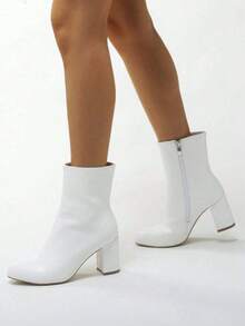 Women's High Heel Ankle Boots, Square Toe Chunky Heel Short Boots, Winter New Nude Booties - 白色 - 查看 2