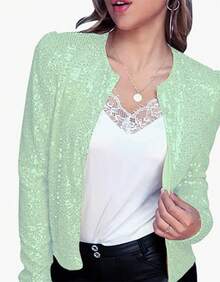 2025 Spring New Women's Fashion Stand Collar Solid Color Sequin Jacket Short Casual Versatile Small Jacket - 氣泡綠 - 查看 5