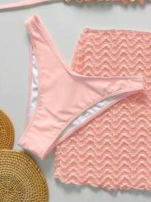 Bikinx 3pcs/Set Women's Wavy Pattern Backless Sexy Bikini Swimsuit Set With Spaghetti Strap Top And Beach Dress, Suitable For Beach Vacation, Summer - Pink - View 3