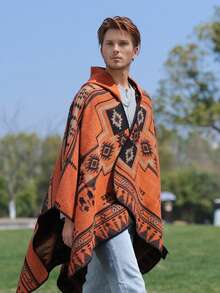 1pc Winter Jacquard Men's Hooded Cape/Poncho - Multicolor - View 6