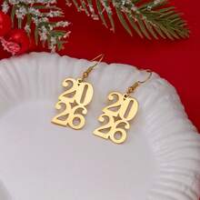 1 Pair Women's Stainless Steel Hollow 2026 New Year Celebration Earrings, Elegant Gold Color