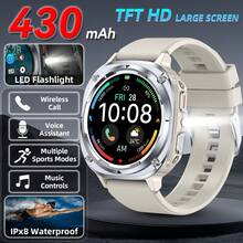 EIGIIS Reloj inteligente para deportes al aire libre, reloj inteligente con linterna LED, larga duración de la batería, función de llamadas inalámbricas, alarma, registro de ejercicios, reproducción de música inalámbrica, para iPhone y Android, una gran opción para actividades al aire libre