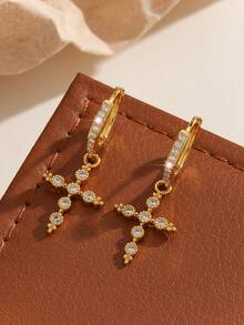 1pair Embedded Cross Pendant Earrings, With Elegant European And American Luxury Charm, Suitable As A Distinctive Gift For Women's Daily Wear Or Occasions